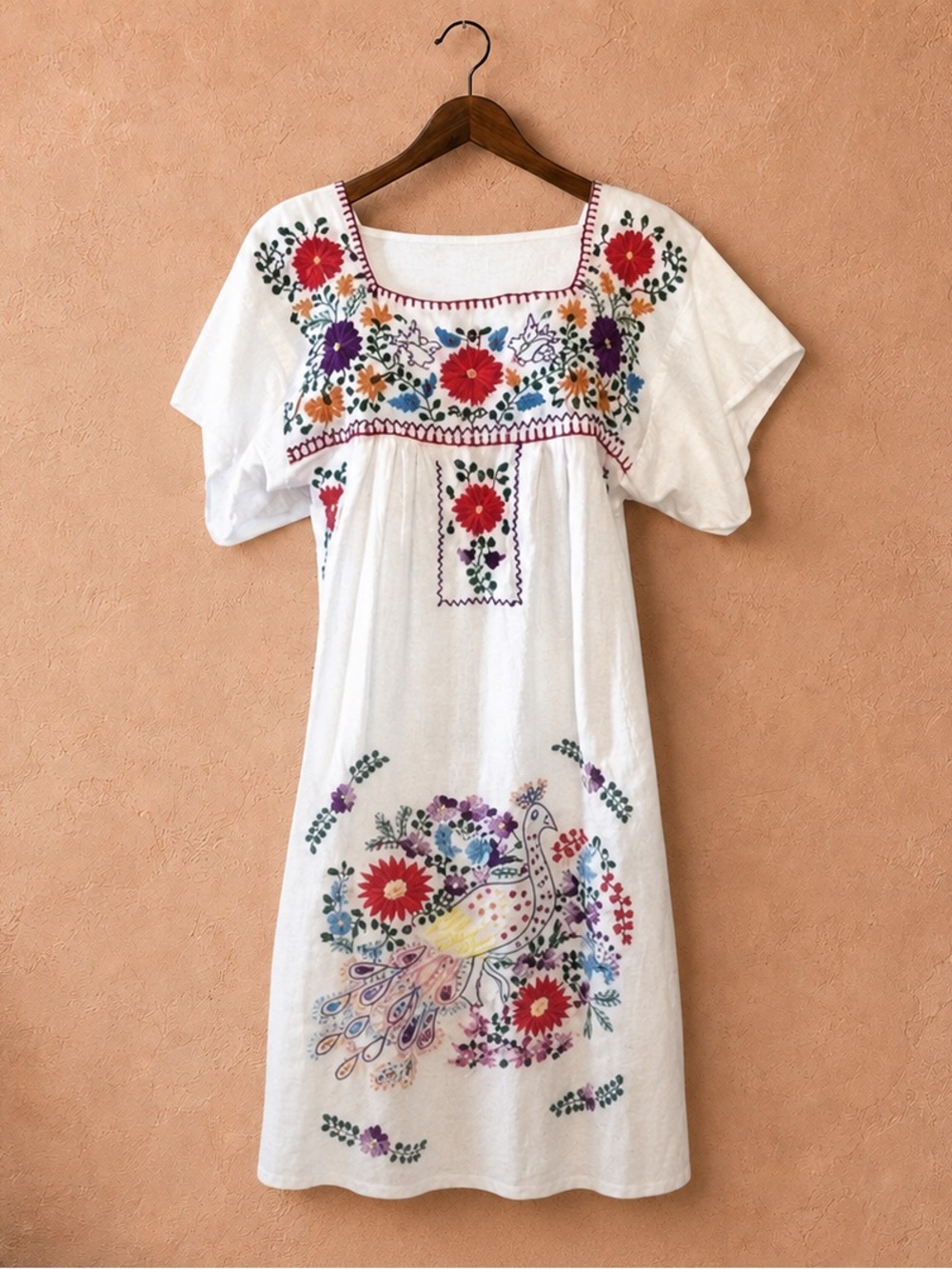 Vintage Mexican Huipil Dress Hand Embroidered Peacock Folk Art Manta Cotton S M